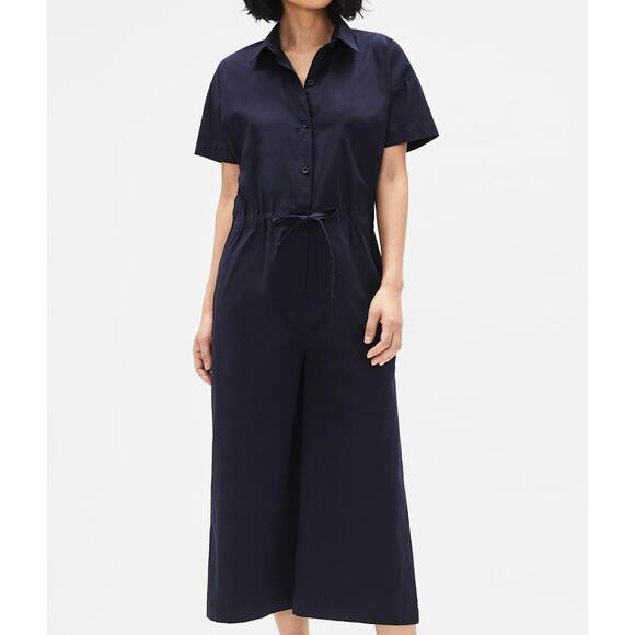 Eileen Fisher Organic Cotton Poplin Wide-Leg Jumpsuit Navy Blue Sz Sml Elevated - Picture 2 of 15